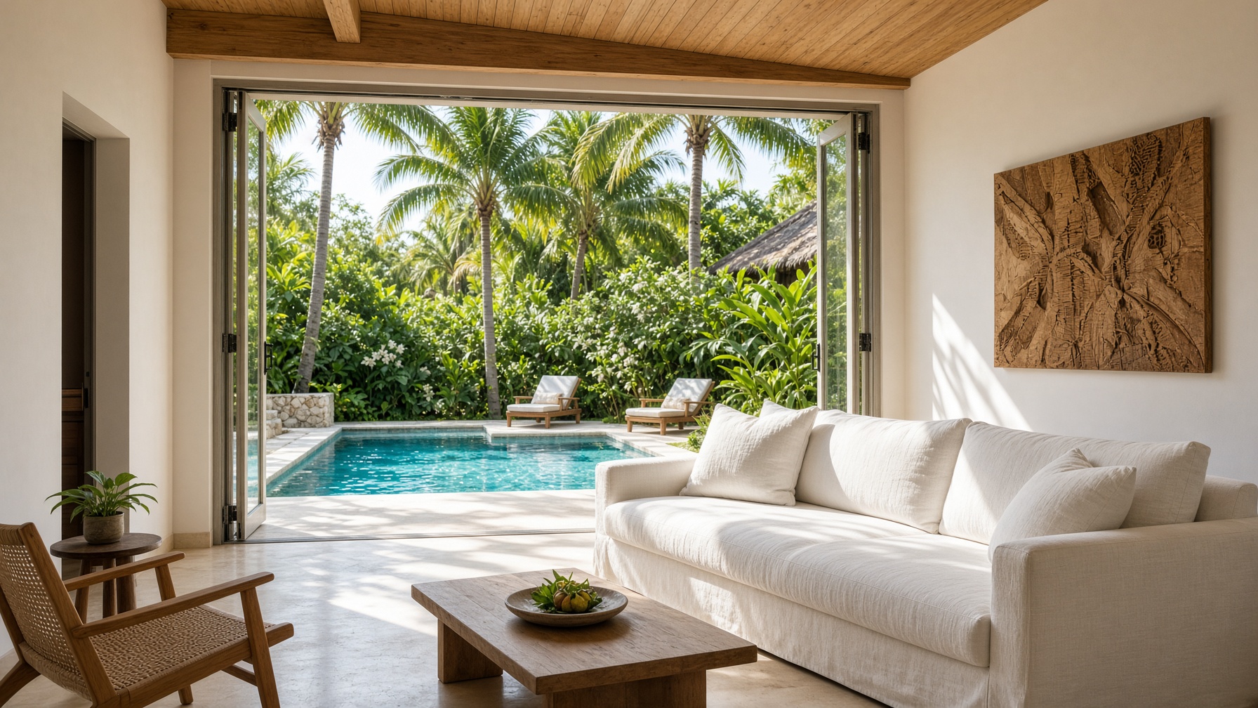 Source concept image: a cream villa living room opening onto a tropical garden and pool